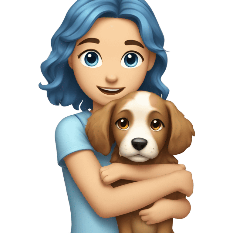 Please create a girl who hugs her pet doggie. The girl has a cute face and so does the doggie. The girl has light skin, blue eyes and light wavy long hair. emoji