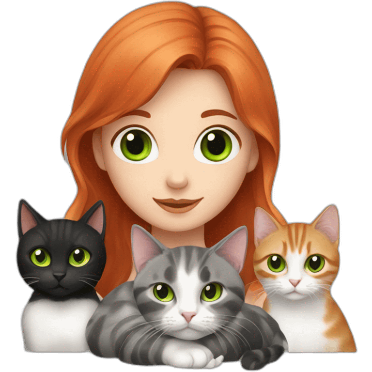 a red haired girl with green eyes surrounded by 3 black cats, 1 white and grey cat, 5 grey tabby cats emoji