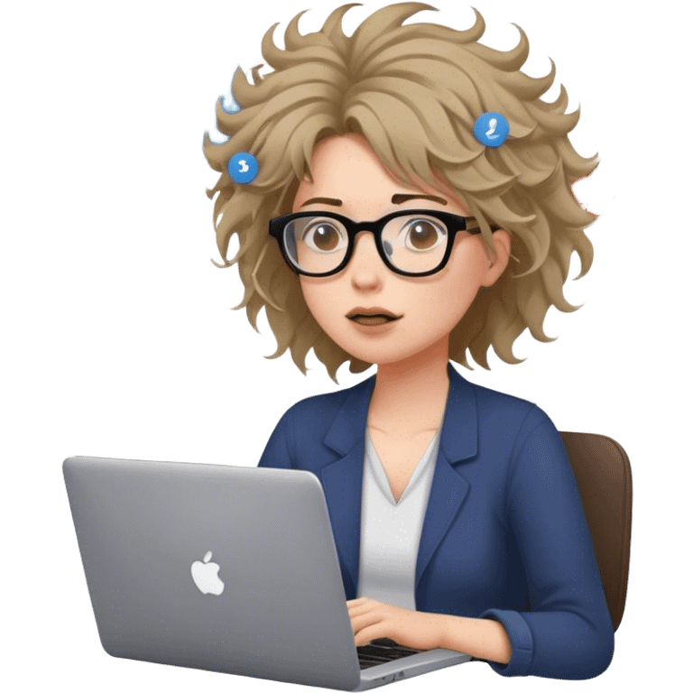 A woman in glasses, a laptop on her lap, chaotic notes flying around, messy hair, three thought bubbles above her head. emoji