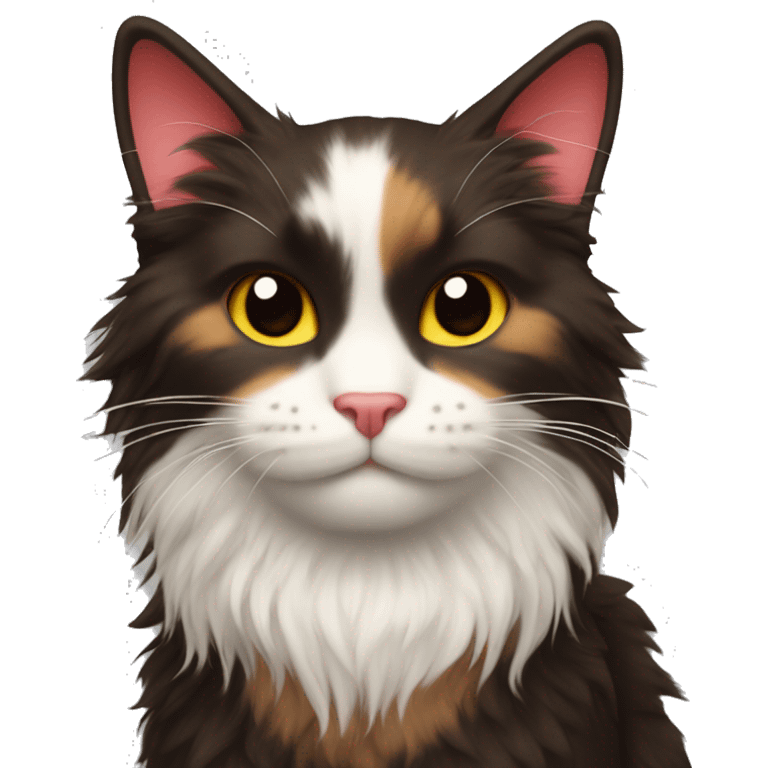 Fluffy heart (emoticon) with calico coloring, heart shape, cat ears, fluffy, has three colors: dark brown, red and white emoji