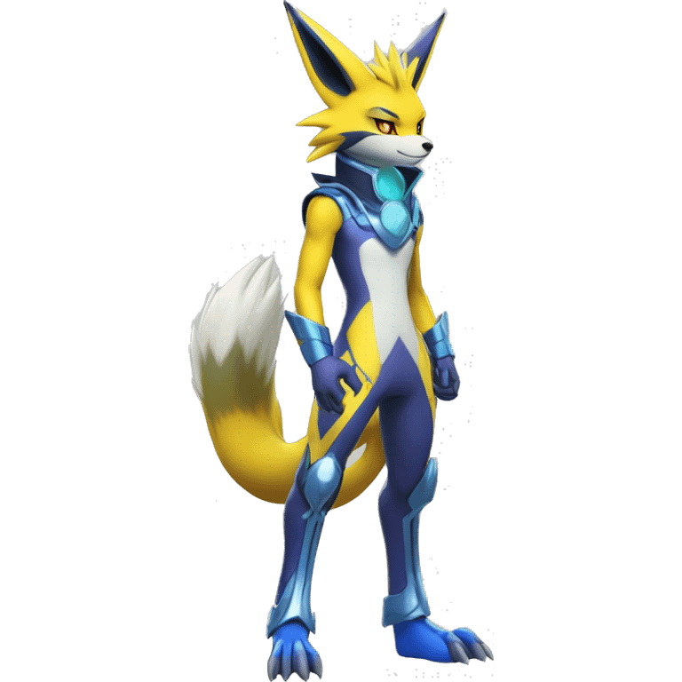 Shiny Colorful Anthro Edgy Cool Sonic-Zeraora-Renamon-Pokémon-Fakémon with shiny blue markings Full Body Detailed High Quality  emoji