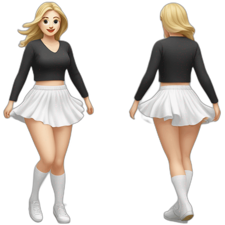 Hyperrealistic Full body Caucasian curvy beauty jumping short white skirt back and front views strong wind knickers long white socks emoji