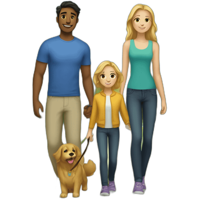 Family; young skinny Caucasian brunnet dad, young Caucasian black haired dad,golden retriever emoji