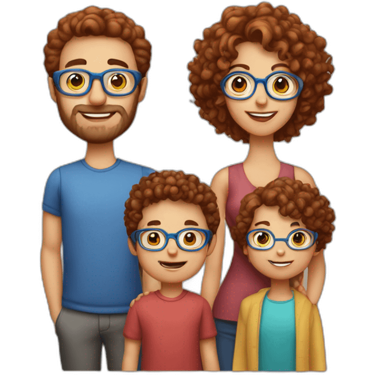 family of four father with gray hair mother with red curly hair and blue glasses son with brown hair and little daughter with curly brown hair emoji