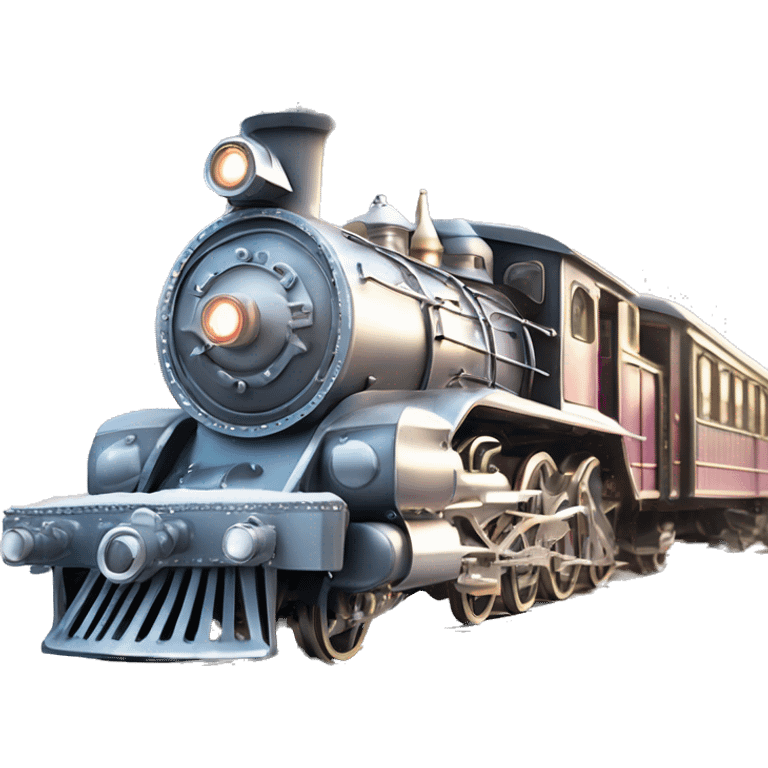 Realistic old fashioned Christmas steam train with pastel colors and shiny metallic silver decorated with diamonds and rhinestones sitting on train tracks on top of snow isolated emoji