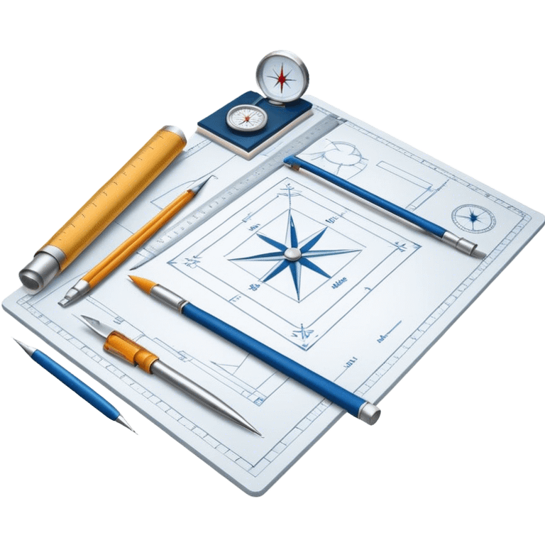 Create a sleek and modern icon representing Architecture, featuring elements like blueprints, a drafting table, and architectural tools (ruler, compass). The design should be visually sophisticated, clean, and professional, without any emojis. The background should be transparent emoji