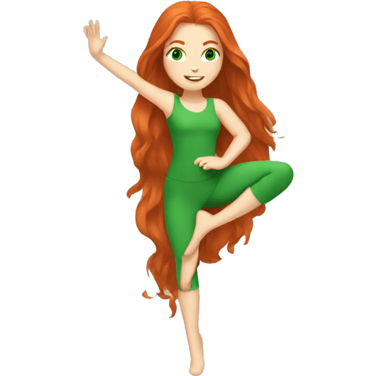 long-haired redhead woman with green eyes, doing the splits emoji