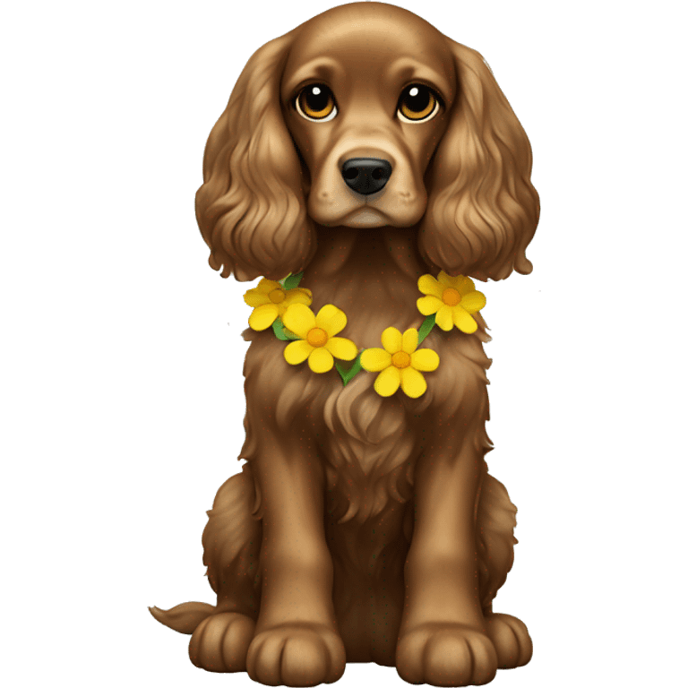 Cocker spaniel Girl sitting Full Body frontal with yellow flower on her ear  emoji