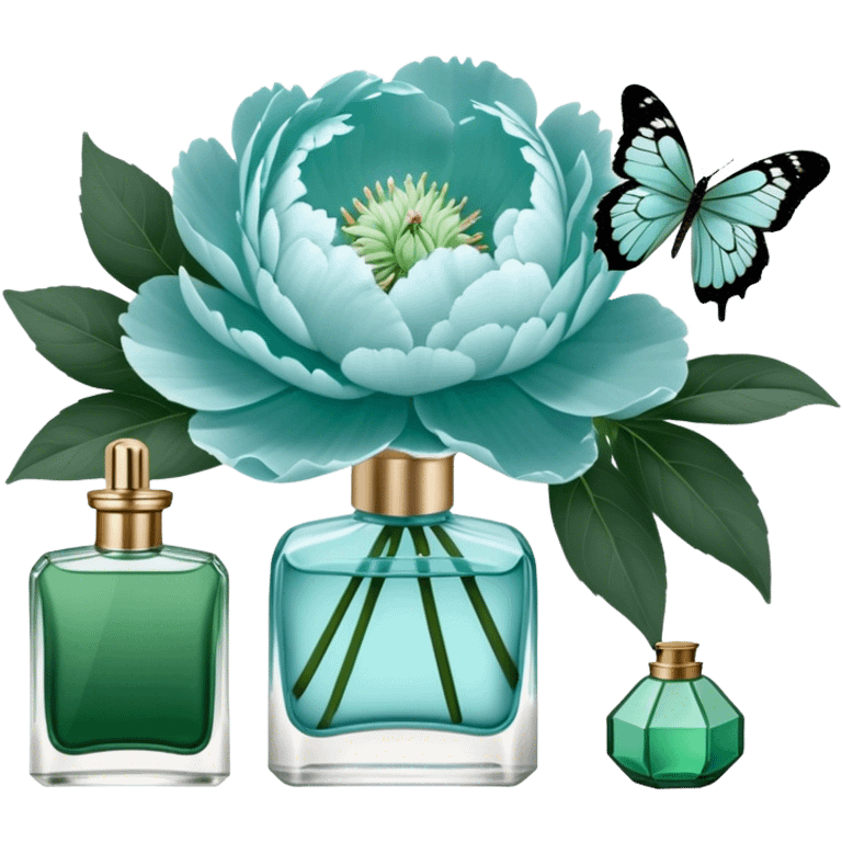 A delicate arrangement of pale blue peonies and a translucent green  butterfly near a deep green color perfume bottle.    emoji