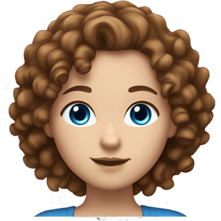 A white girl with brown curly hair and blue eyes is working on a laptop emoji