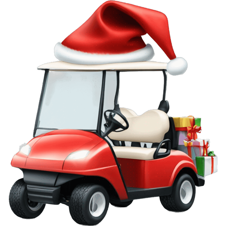 White golf cart with Santa hat, presents and lights on tip emoji