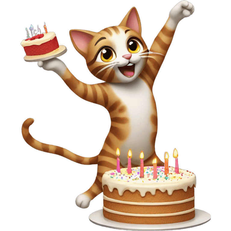 Cat dancing with birthday cake emoji