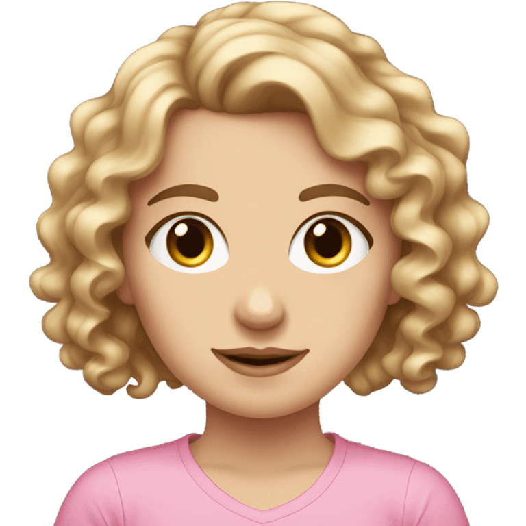 pretty white girl with curly brown hair with coquette bow on her hair and a pink t-shirt emoji