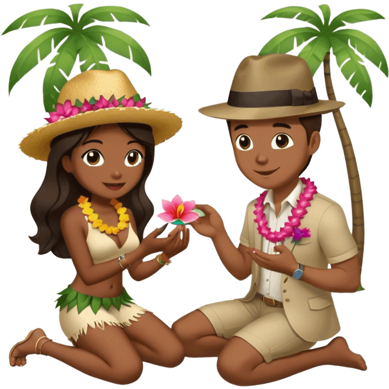 White man wearing fedora on one knee proposing to Hawaiian girl with ring  emoji