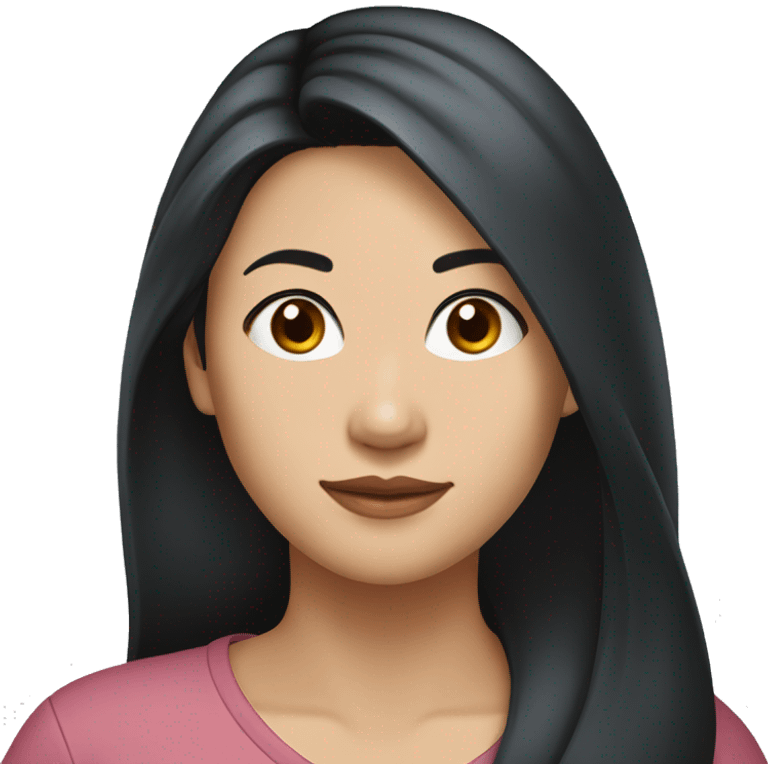 A head and shoulders shot of a 36 year old Asian woman, with long black hair,   with brown eyes wearing a t-shirt. emoji