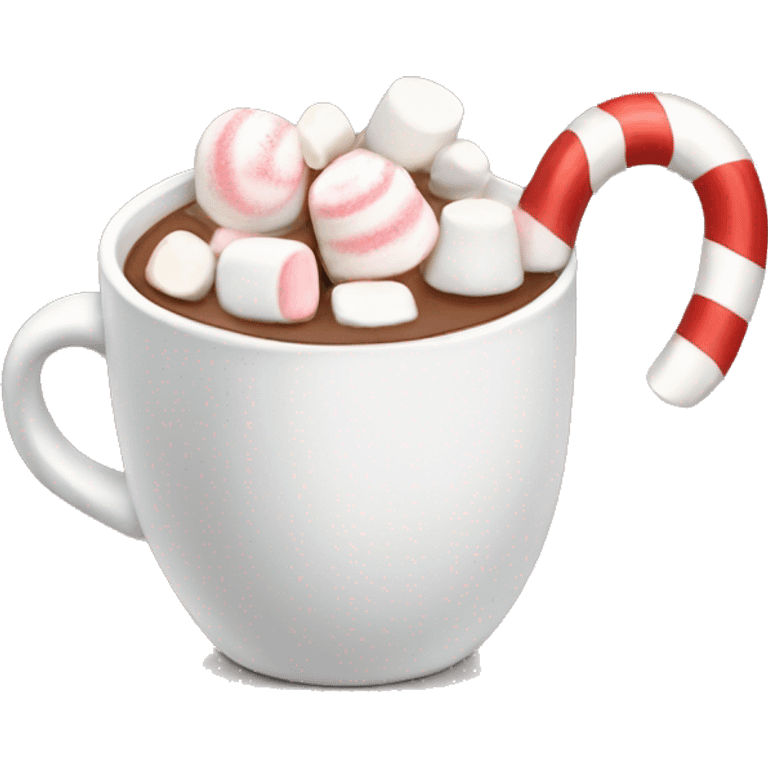 A hot chocolate with a candy cane and marshmallows emoji