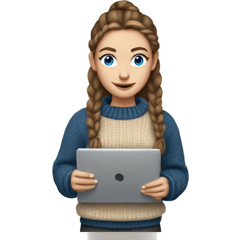 caucasian white IT girl student, holding laptop, blue eyes, brown hair ponytail wearing a thick sweater emoji