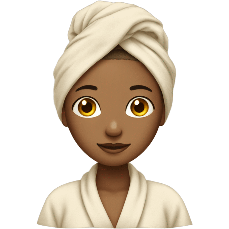 A girl using a beige towel on her head like a spa emoji