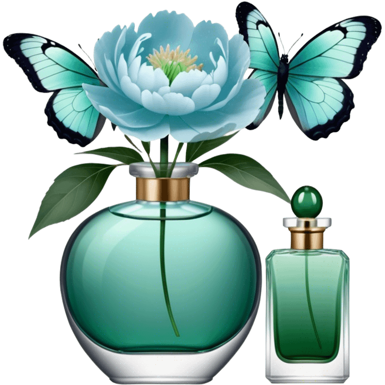 A delicate arrangement of pale blue peonies and a translucent green  butterfly near a deep green color perfume bottle.    emoji