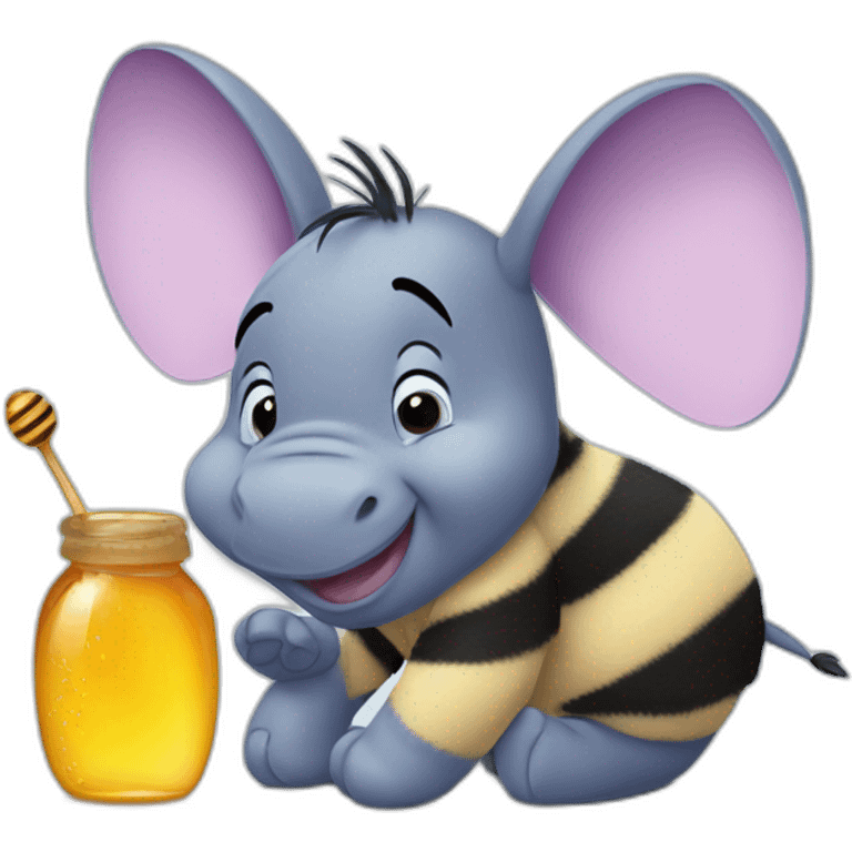 Baby Eeyore with honey on his nose and a honeybee emoji