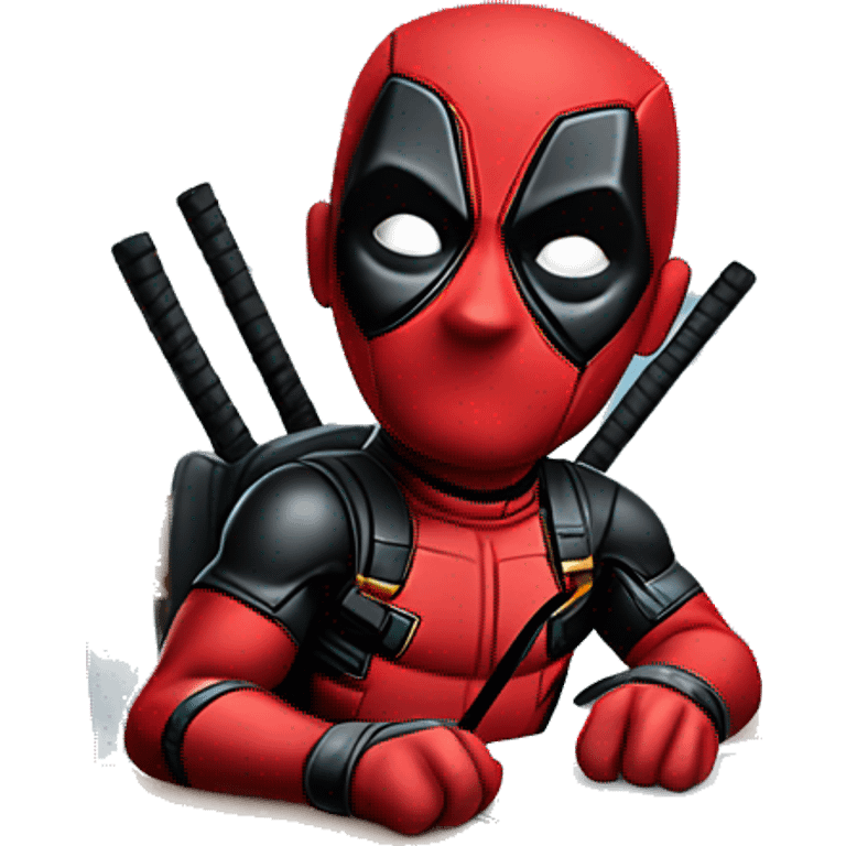 Cute Deadpool sitting at a desk, front view emoji