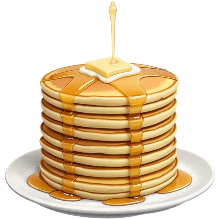 Cinematic fluffy golden pancakes, stacked high, drizzled with maple syrup, topped with fresh butter melting on top, light dusting of powdered sugar, warm and inviting, soft glow and mouthwatering. emoji