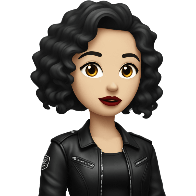 White girl, with long curly black hair, with red lipstick, black winged eyeliner, wearing black shirt and black leather jacket shrugging her shoulders in a gesture that says “I don’t know” emoji