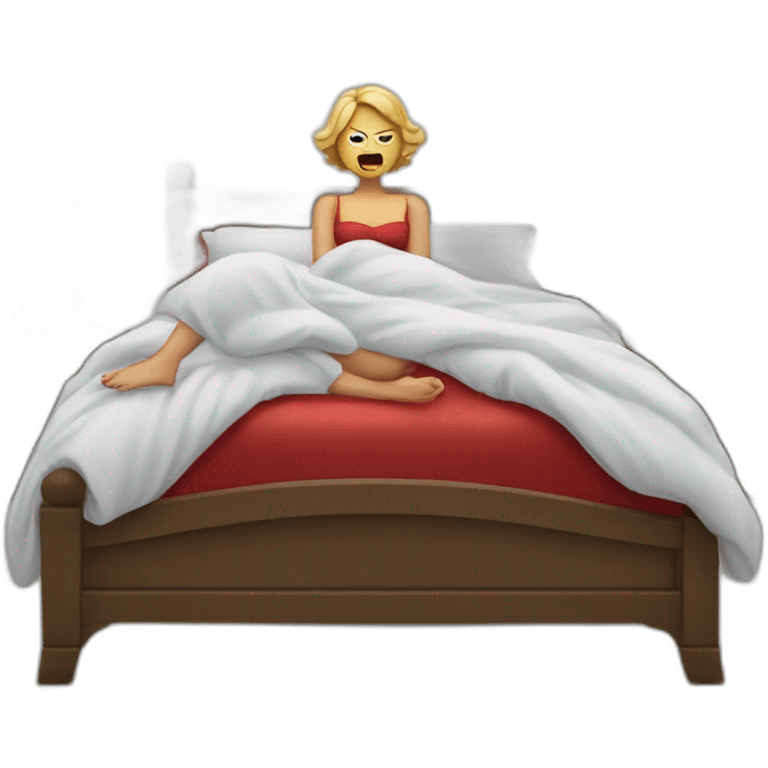 lady with red nails on bed but she is angry emoji