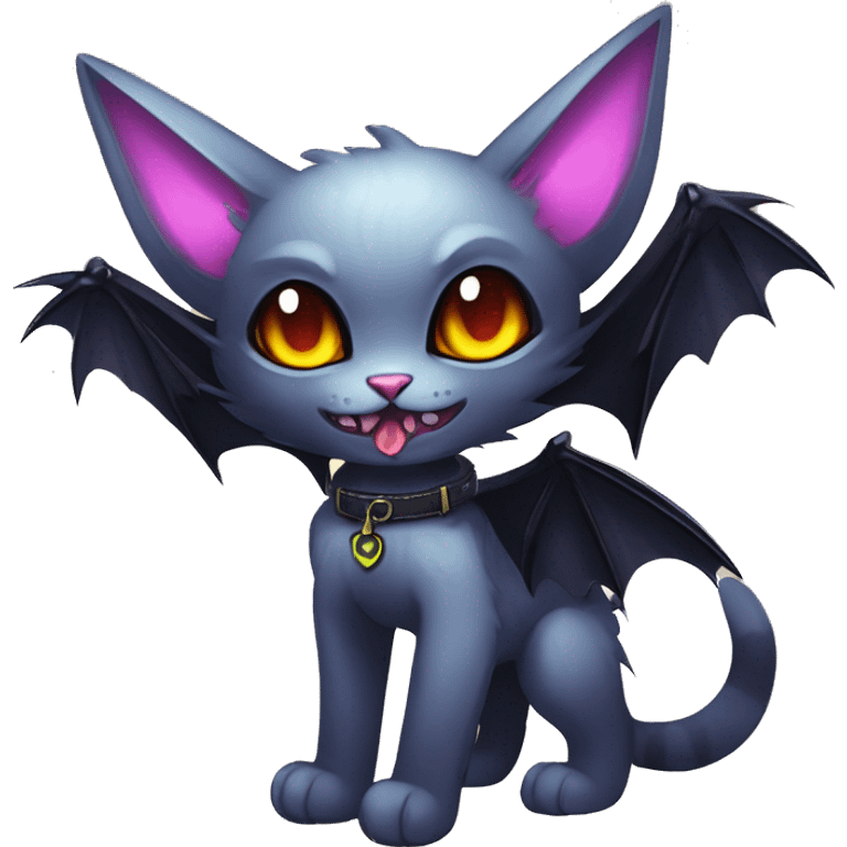   cool edgy kawaii ethereal dark-punk-themed animal vampiric cat-hybrid Fakemon with fangs and bat-wing-ears with a collar full body emoji