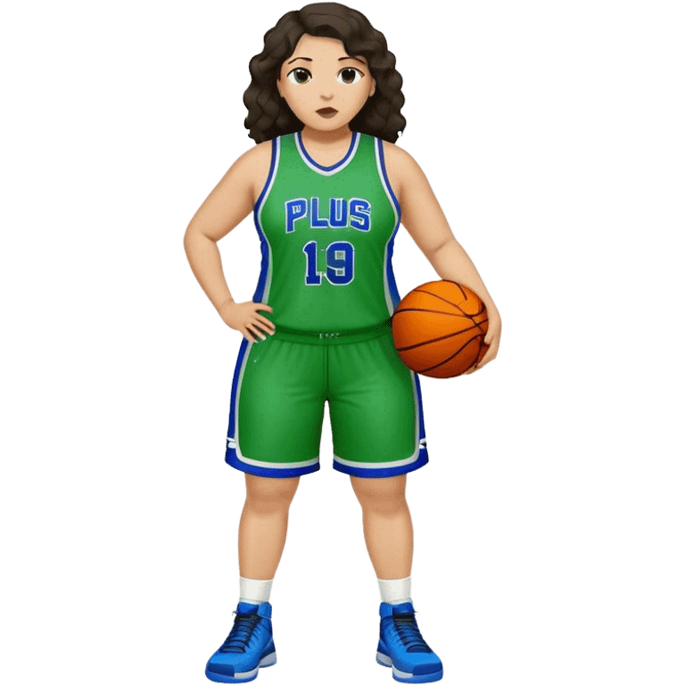 full body plus size light skin latino women basketball player with wavy dark hair large wide nose wearing blue with green  green uniform emoji