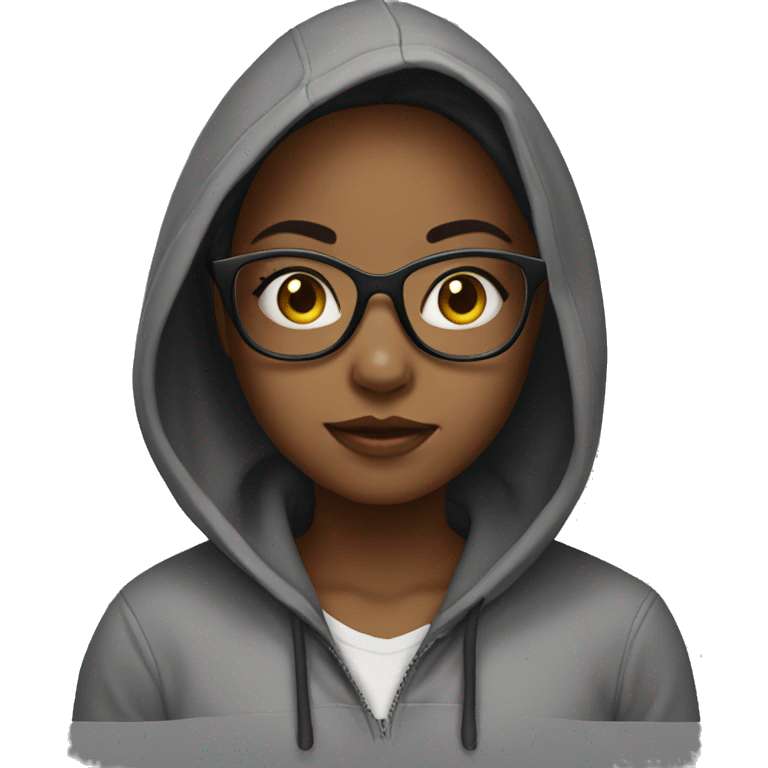 girl wearing hoodie with glasses, eyes black emoji