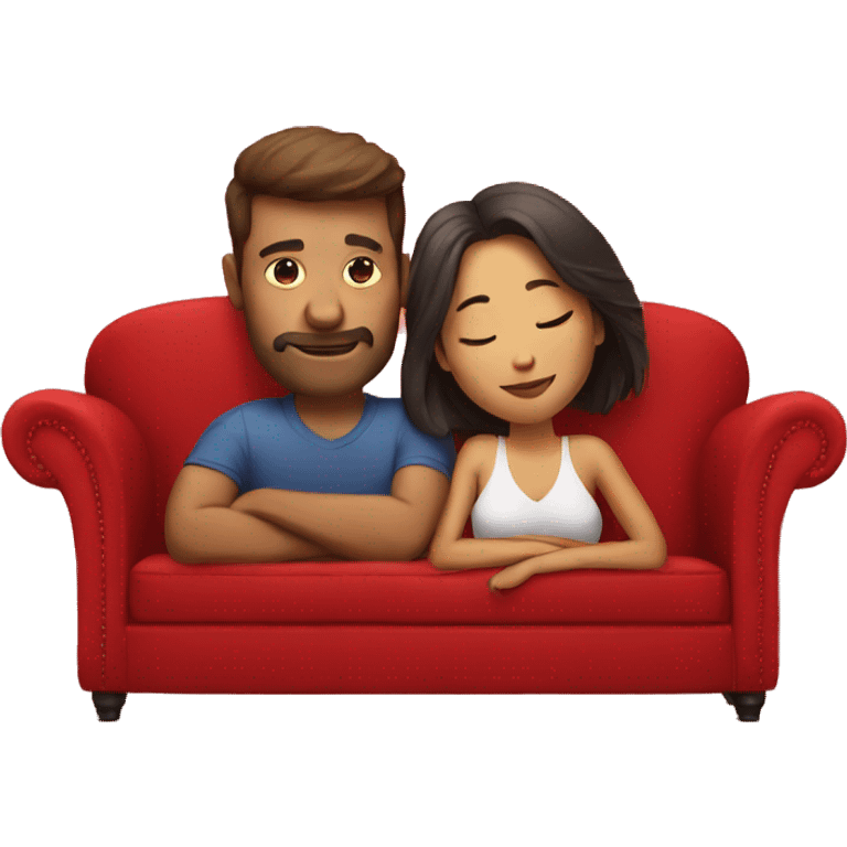 Man and a woman lying on red sofa in love emoji