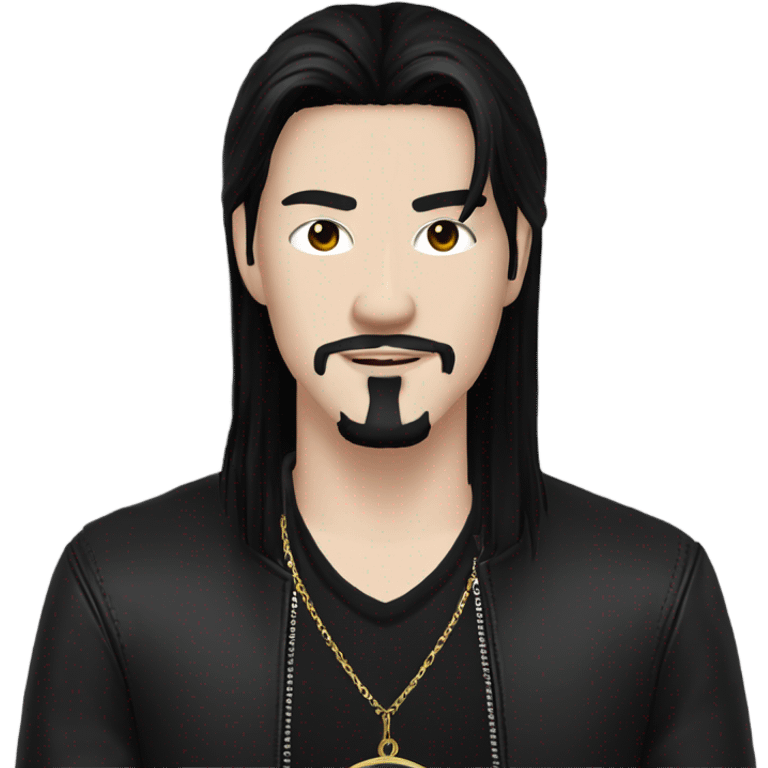 Chinese Man with pale skin, very long black hair, black goatee, square jawline, eyeliner, black leather jacket, black pants, black shirt and pentacle necklace emoji