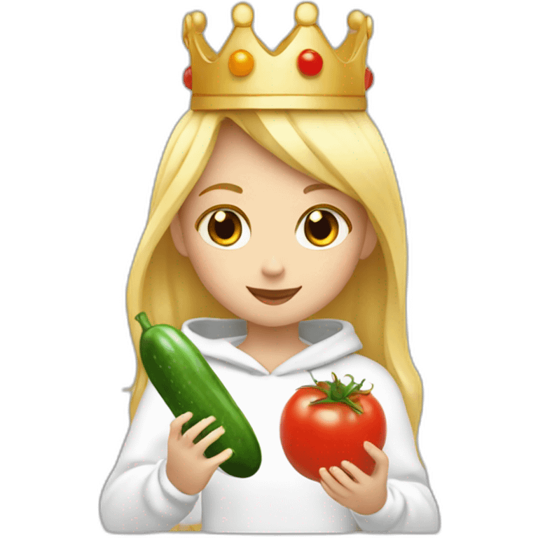 blonde girl  eating  cucumber and tomatoes with white hoodie iridescent and a crown princess emoji