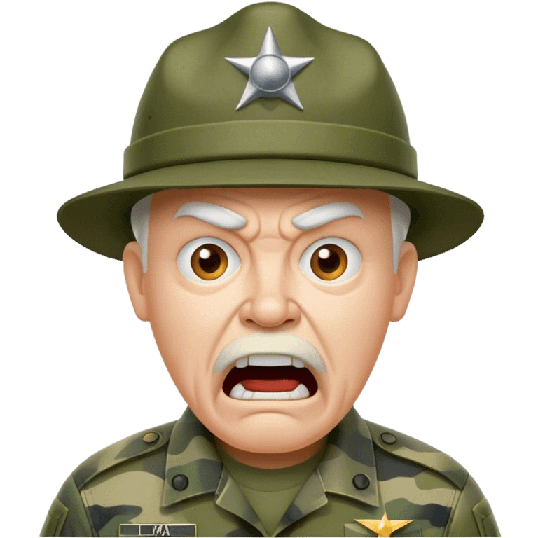 old yelling drill sergeant character wearing a classic sergeant hat and a camouflage army shirt. The character should have an angry intense expression. emoji