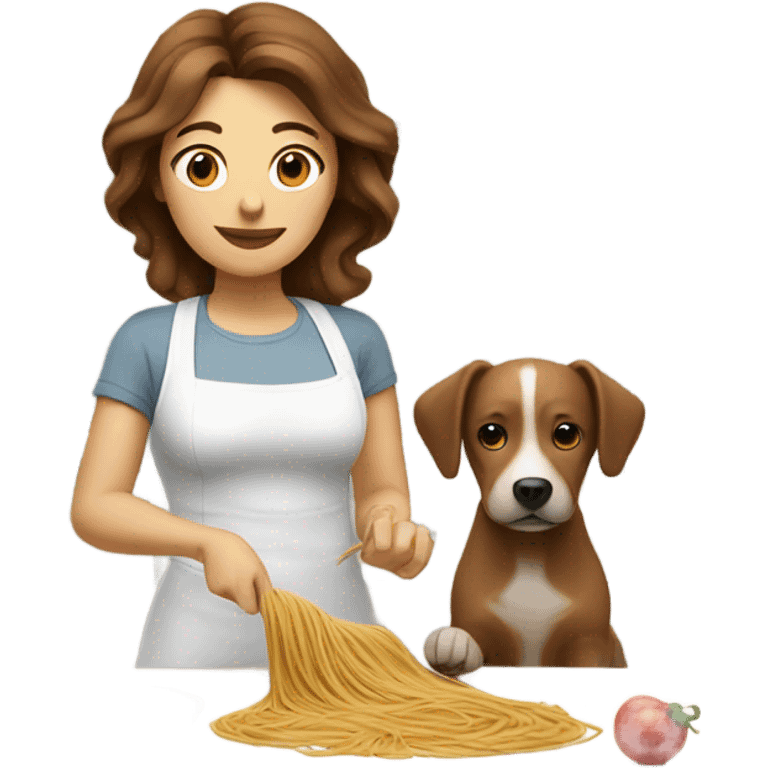 Woman making spaghetti with brown hair and a small white dog emoji