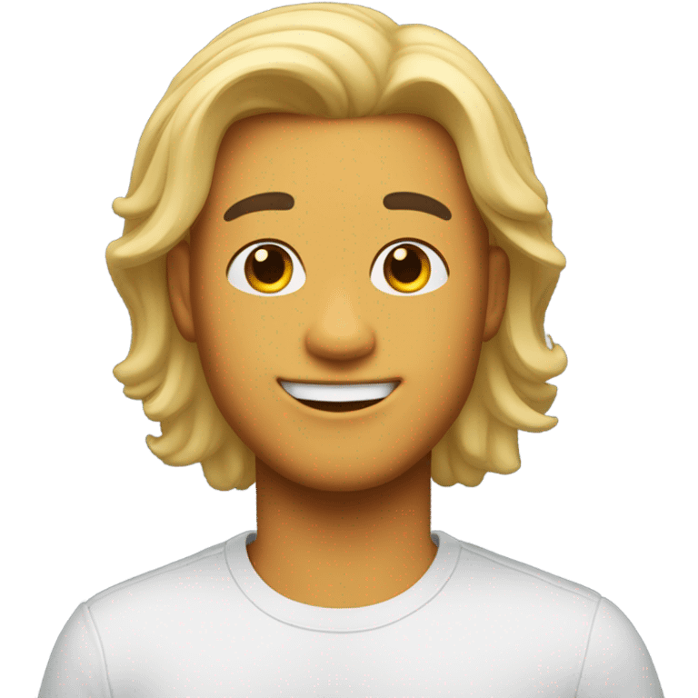 A whimsical digital portrait: a vibrant, expressive Animoji of a 22-year-old male with flowing, shoulder-length black hair style against a stark white background emoji