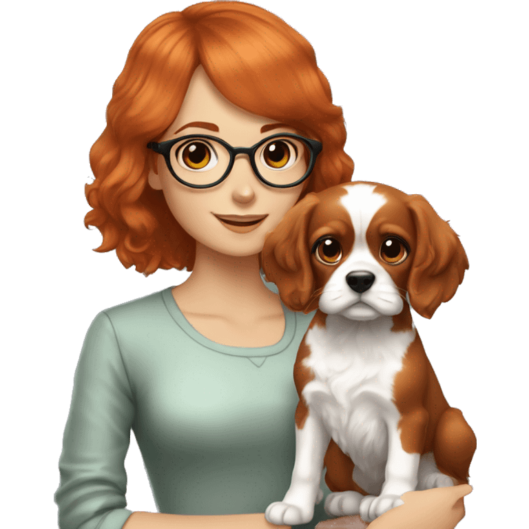 red-haired girl with bangs and short hair and black glasses presenting a Blenheim Cavalier puppy emoji