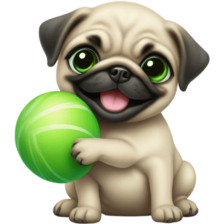 Cute Smiling Baby pug with green eyes playing with a green ball emoji