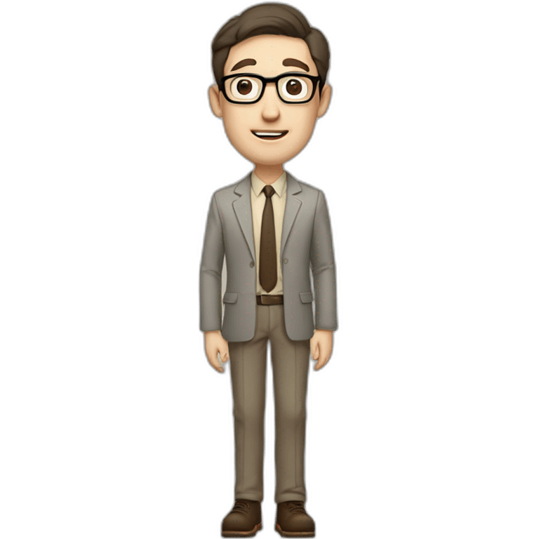 Full height Pale skinned Fit Man With dark brown hair in gray jacket, beige office shirt, tie, Brown pants and vintage glasses. Thrumbs of his palms directed up emoji