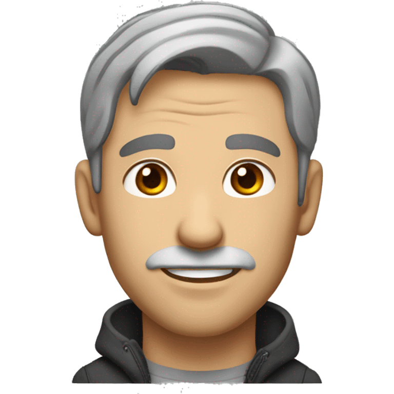 man with stubble, big nose and short brown and grey hair, hazel eyes , slightly smiling emoji