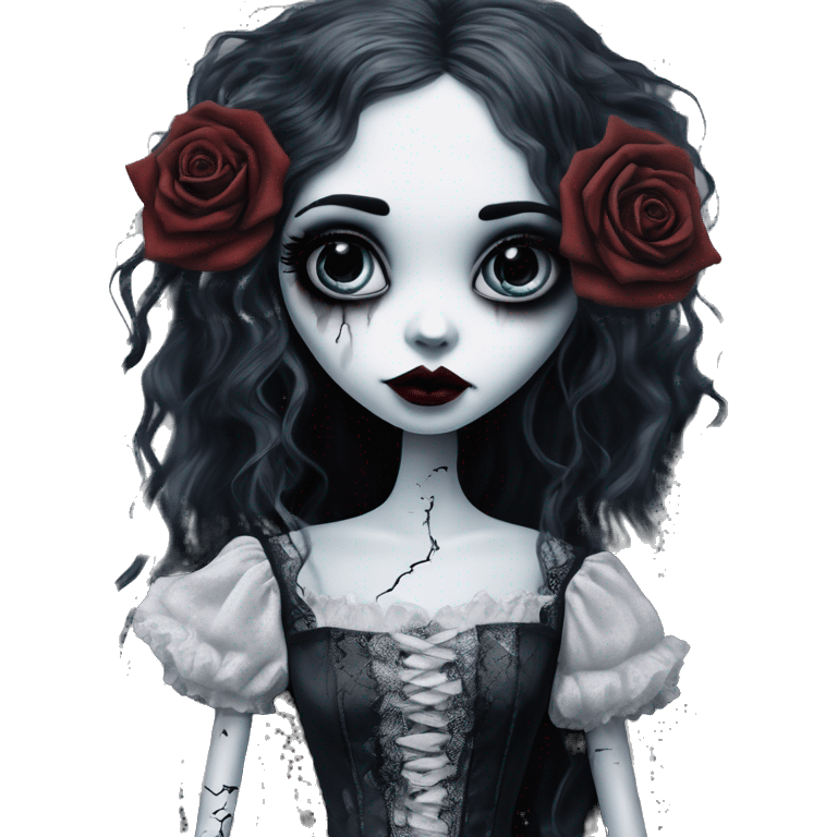 full height tim burton corpse bride, porcelain doll with a cracked face, goth makeup watery eyes, long hair, lace and ruffles, lolita style, inked, black and white, red roses emoji