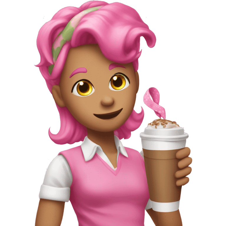 i want pink dinosaur and pink ribbon headband and drink a coffee emoji