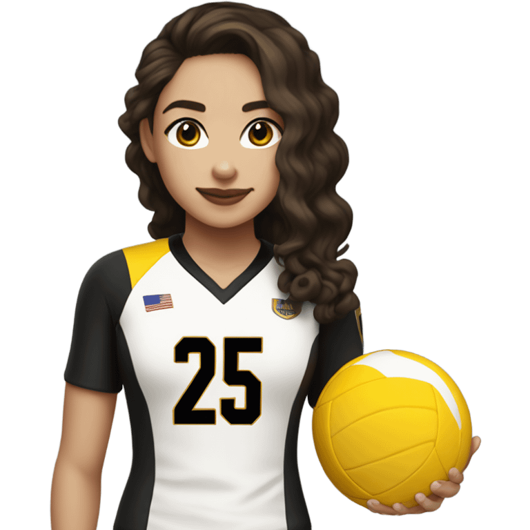 Brunette hair girl with white skin a black and gold volleyball jersey with the number 25 emoji