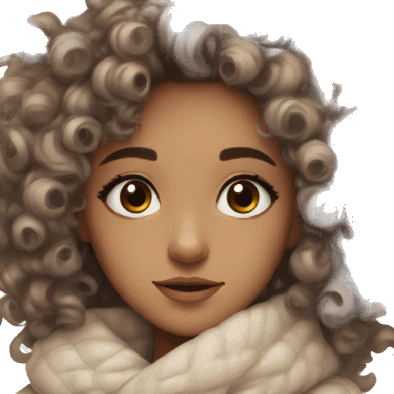 curly hair girl cozy winter clean girl aesthetic doe eyes medium neutral toned skin  emoji