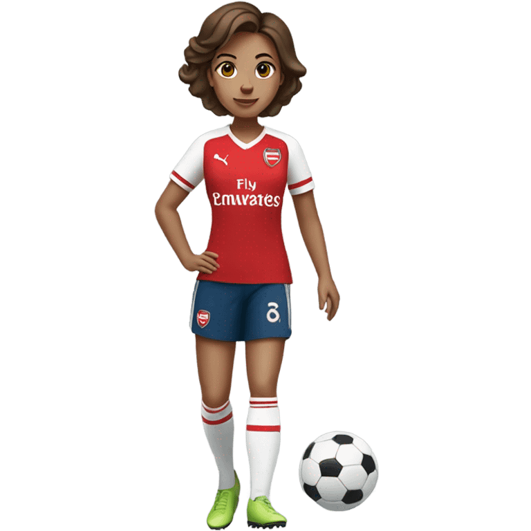 Pretty woman in Arsenal jersey with short brown hair kicking a soccer ball emoji