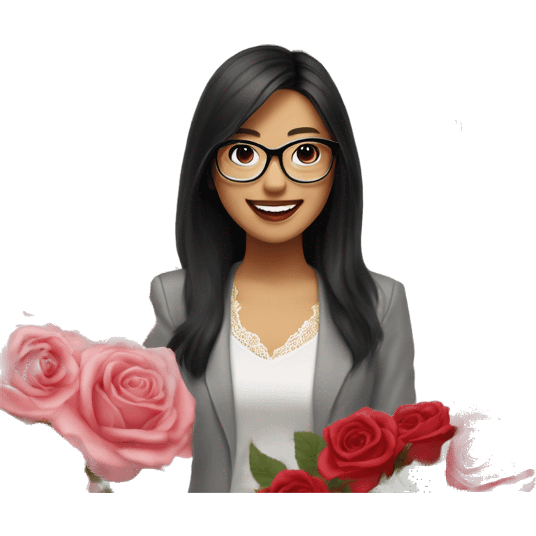 Asian girl, smiling with teeth, fair skin, black long hair, black eyes, black glasses with gold frames, red lipstick, wearing a white lace tank top and a black office jacket on top, with pink and red roses around her emoji