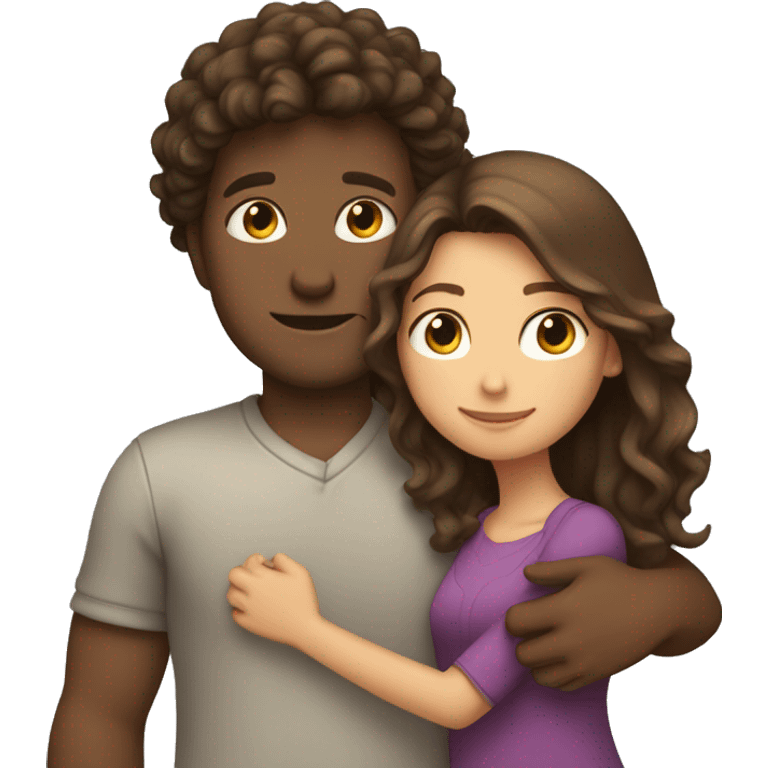 Girl with long straight brown hair hugging a guy with short curly brown hair emoji