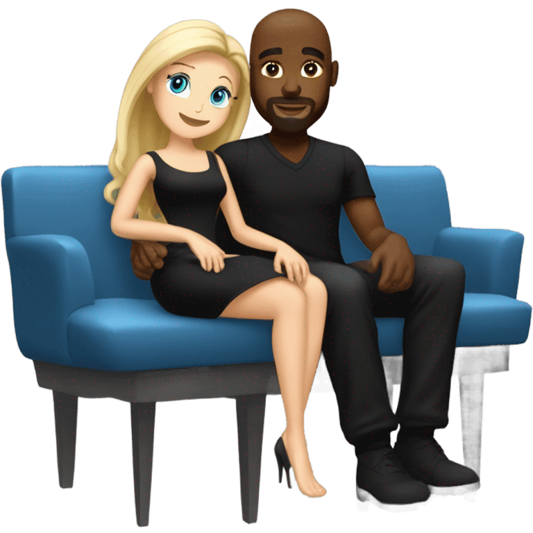 Blonde woman with blue eyes and long straight hair wearing a short black dress and a black man who is bald with a goatee seated together on a sofa enjoying a passionate embrace.   emoji