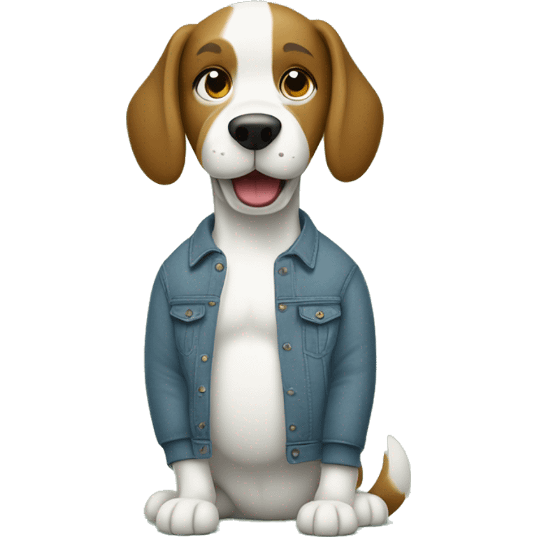 A confident cartoon dog in a gray sweater, blue jeans, and white sneakers on a muted green background. emoji